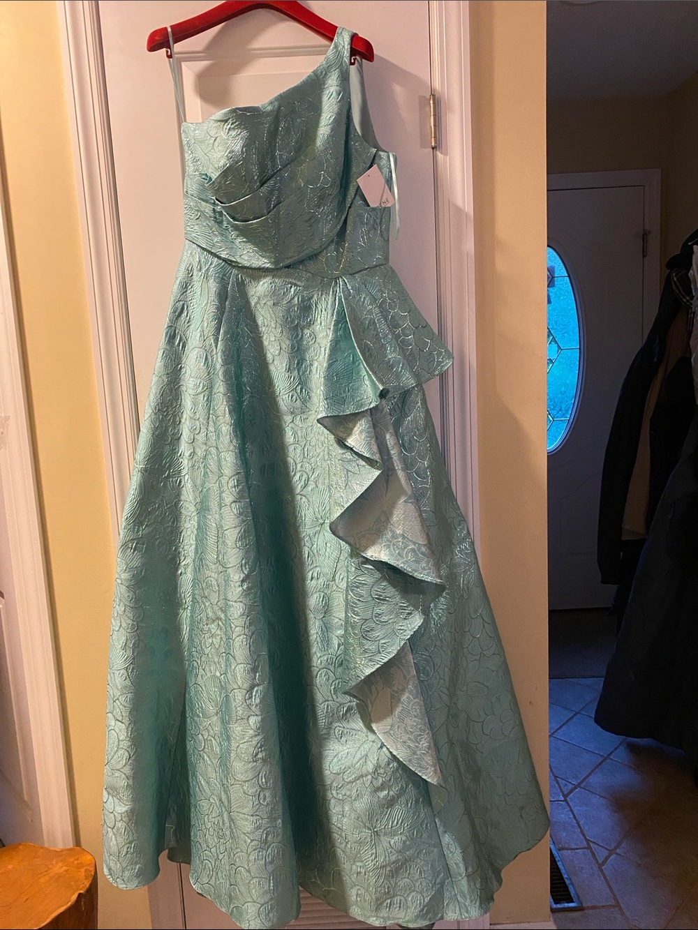 Rene Ruiz Collection One Shoulder Brocade Metallic Floral Gown in Jade NWT